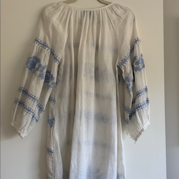 Blue and White Embroidered Dress in linen SMALL - Picture 5 of 5